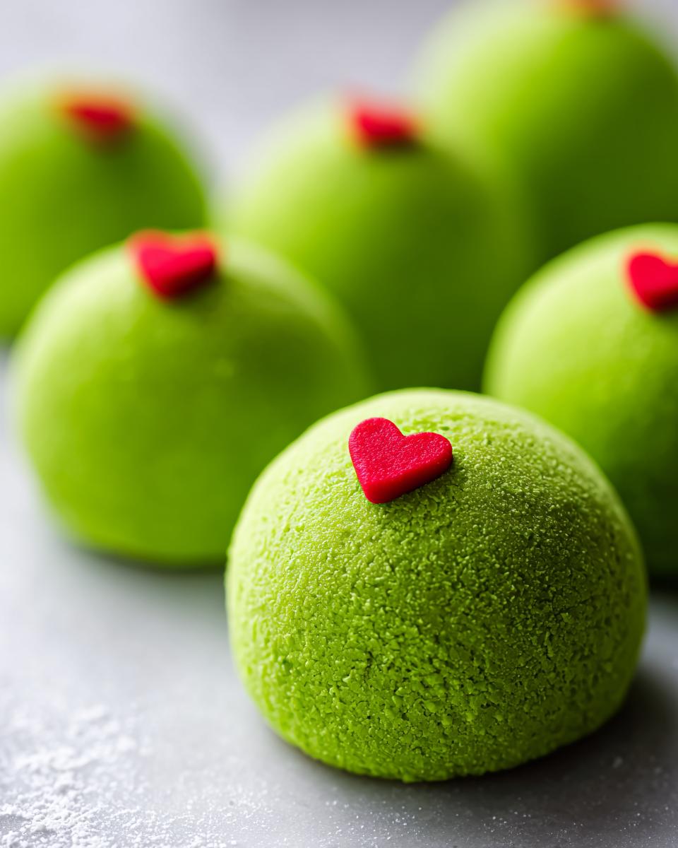 Close-up of several bright green Grinch Oreo balls, each topped with a small red heart candy.