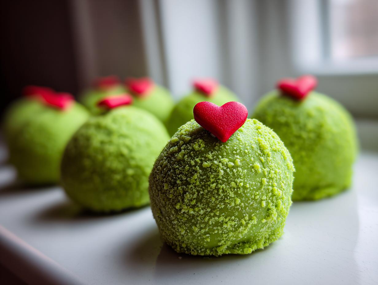 Close-up of several bright green Grinch Oreo balls coated in crumbs, each topped with a small red heart.