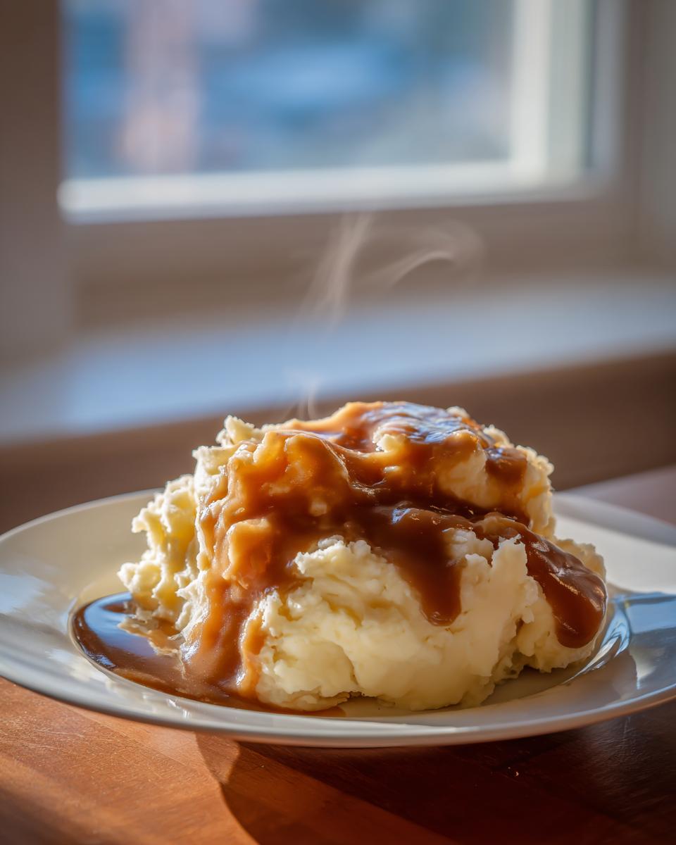 A serving of fluffy mashed potatoes generously topped with rich, steaming homemade brown gravy.