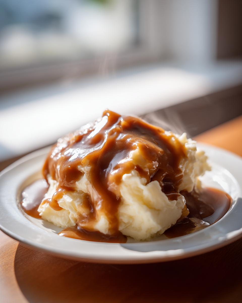 A serving of fluffy mashed potatoes generously topped with rich, steaming homemade brown gravy.