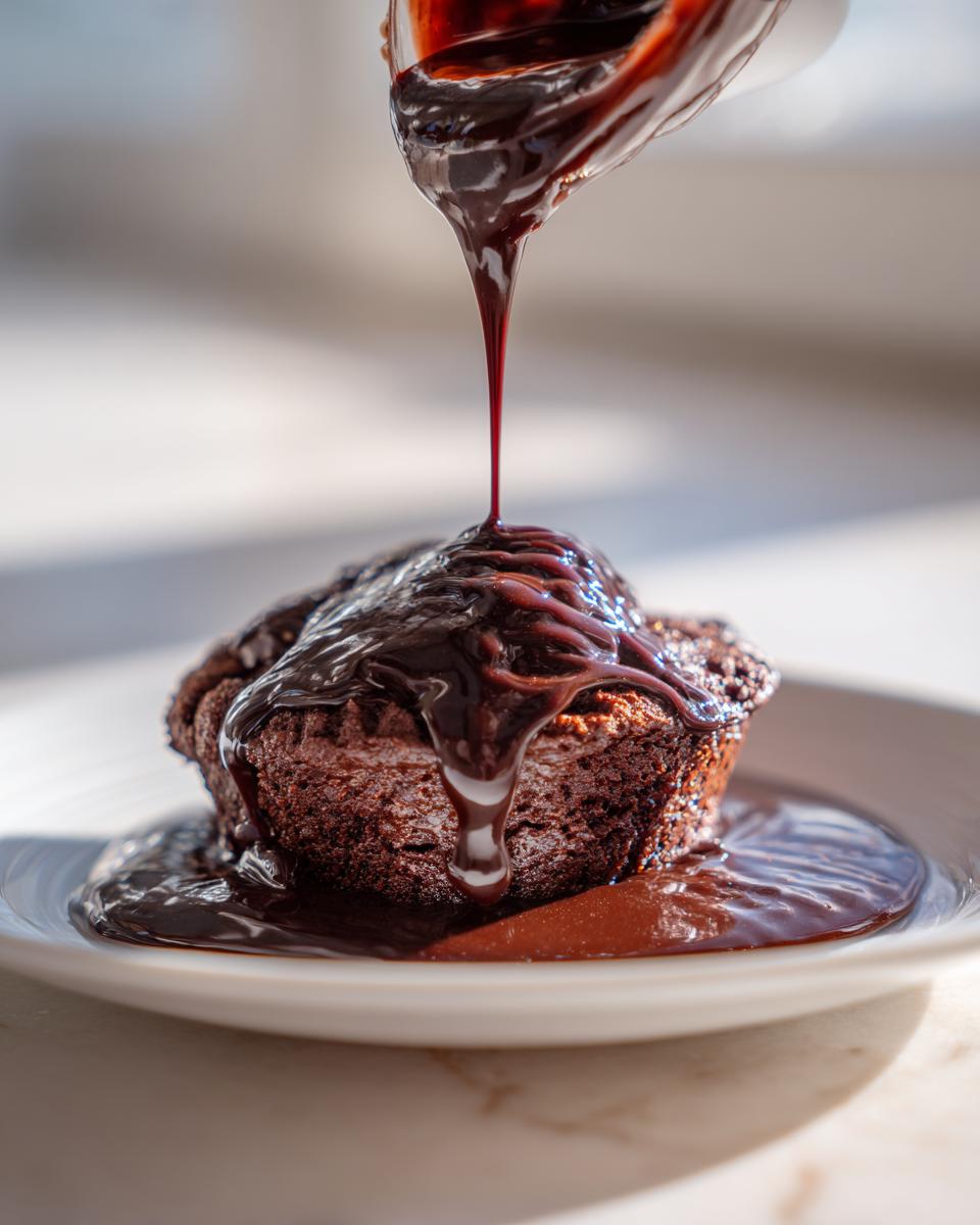 A rich, homemade chocolate syrup being poured over a warm chocolate cake or brownie.