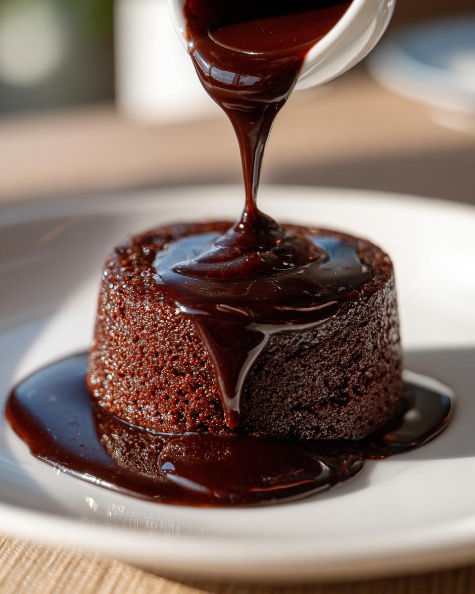 Rich, homemade chocolate syrup being poured over a small, dark chocolate cake.