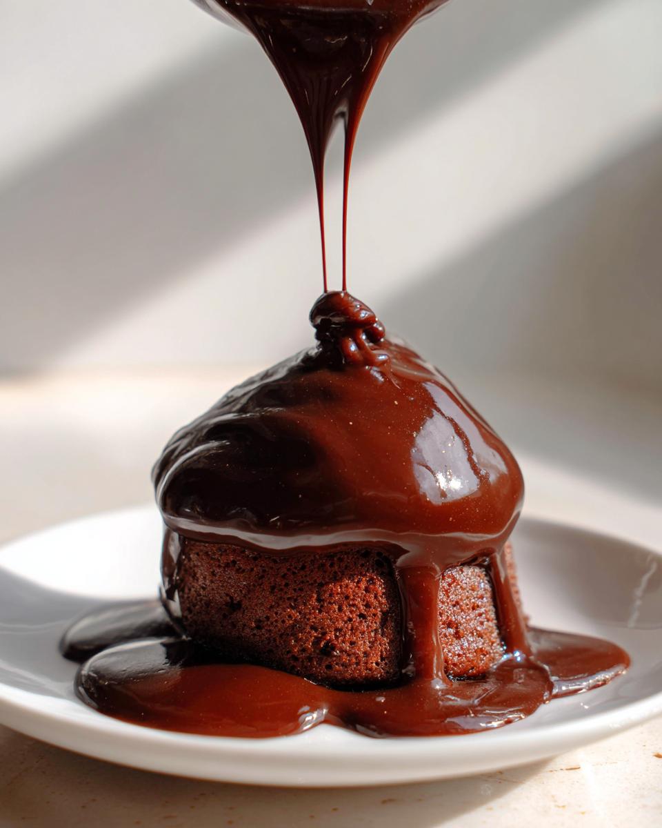 A rich, thick stream of homemade chocolate syrup is being poured over a small chocolate cake on a white plate.