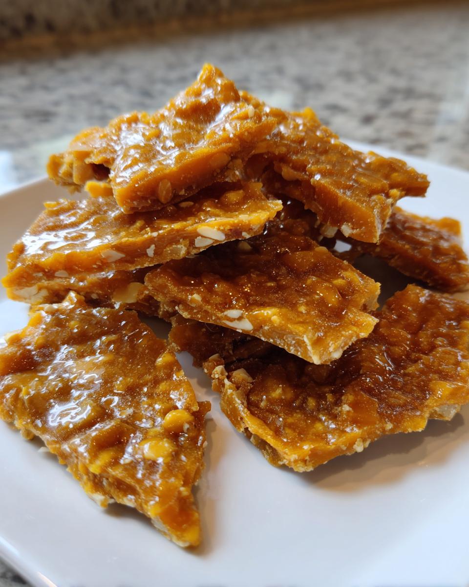 Close-up of broken, shiny pieces of homemade peanut brittle recipe stacked on a white plate.