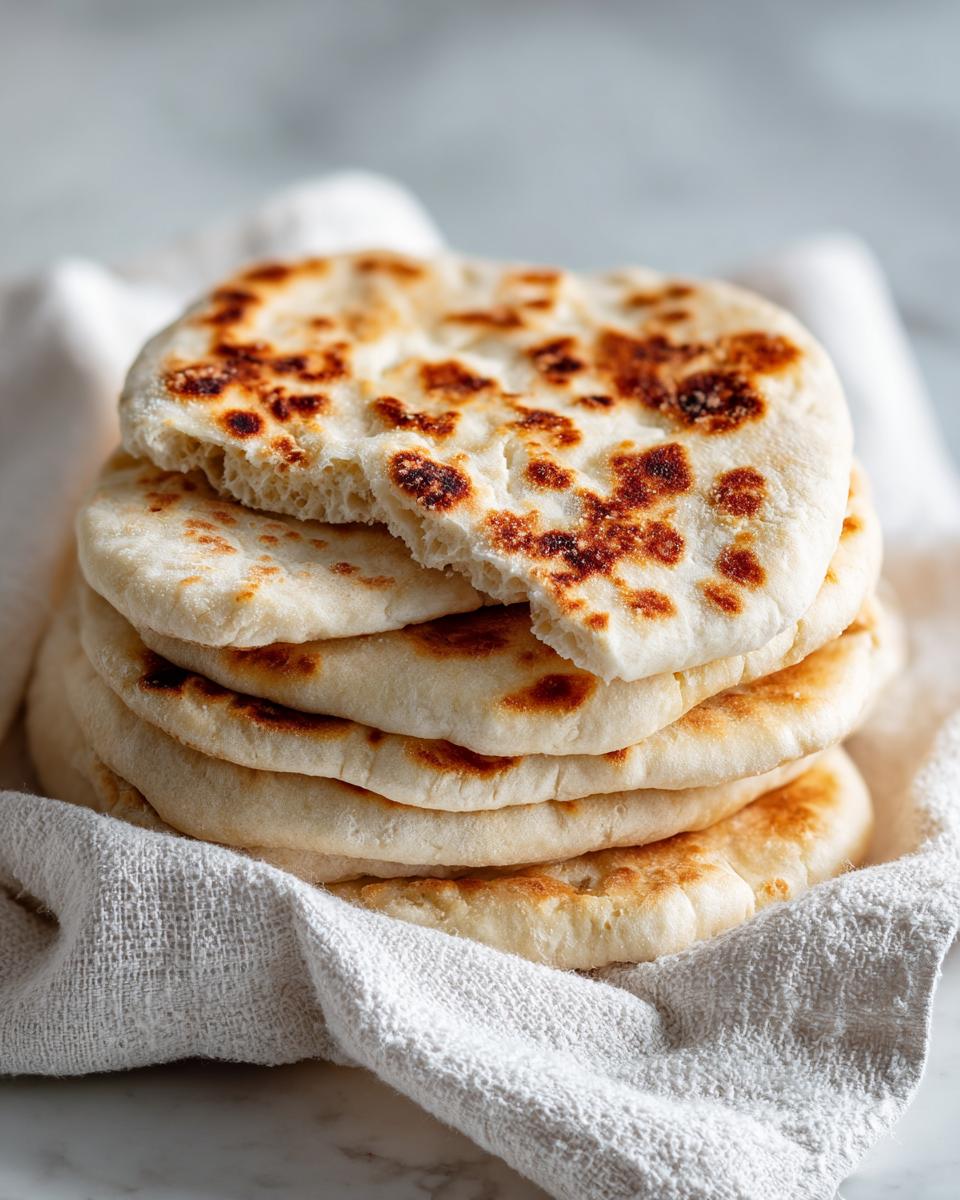 A stack of freshly made pita bread, showing fluffy texture and golden-brown charred spots.