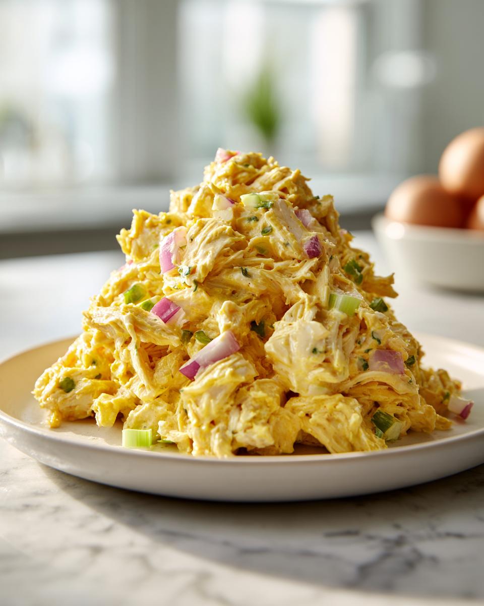 A vibrant mound of creamy honey mustard chicken salad mixed with chopped red onion and celery, served on a white plate.