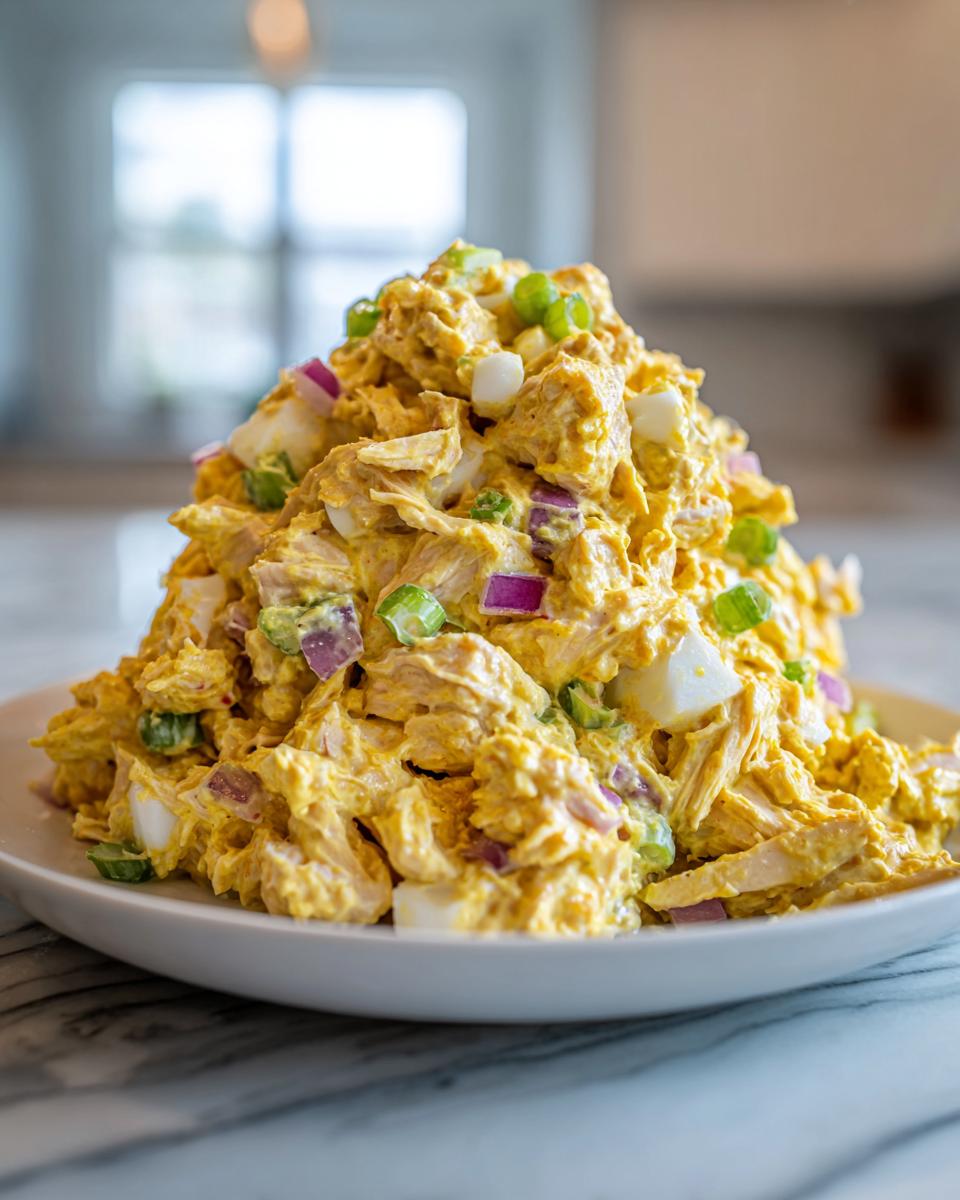 A tall mound of vibrant yellow honey mustard chicken salad mixed with chopped eggs and red onion.