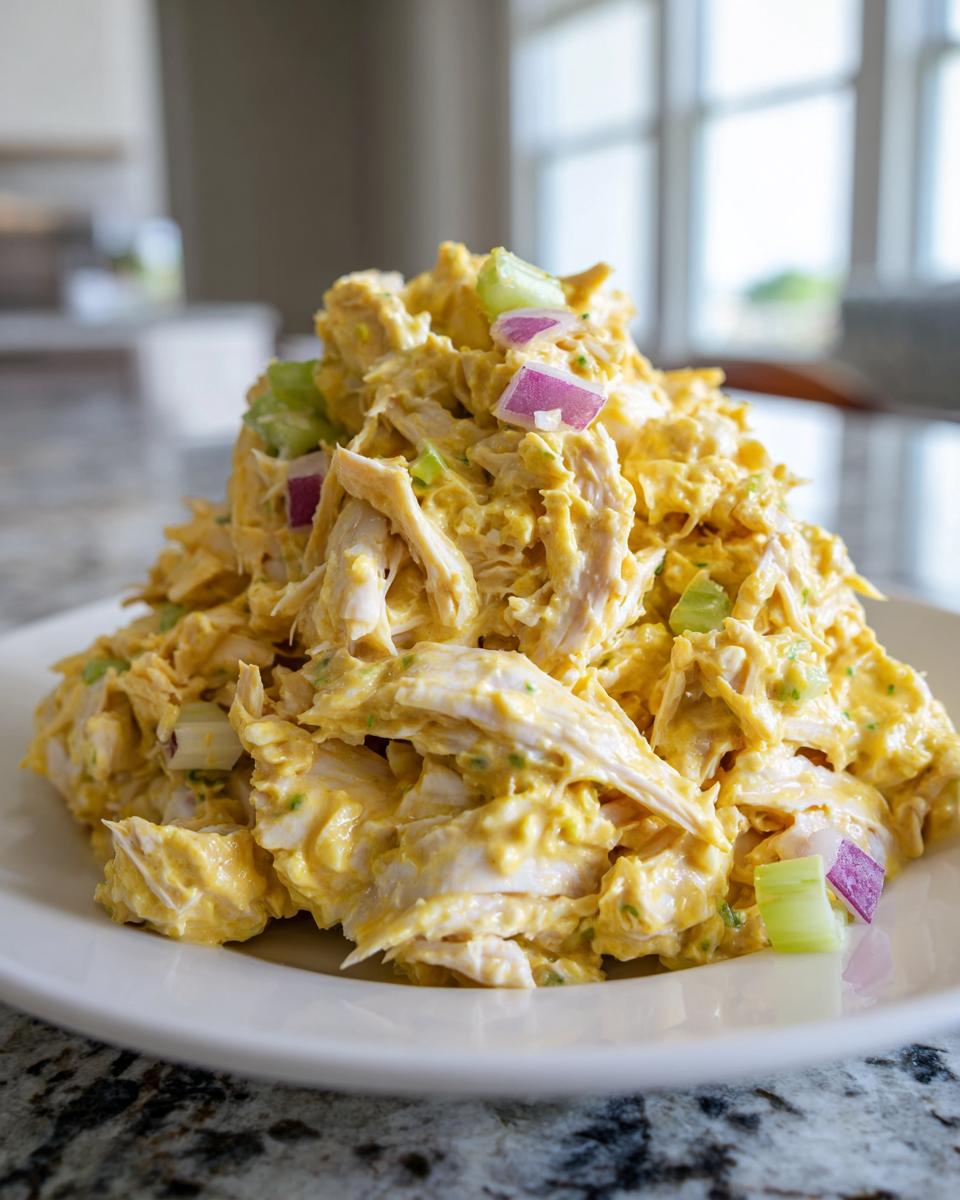 A close-up of a mound of creamy, yellow honey mustard chicken salad topped with diced red onion and celery.