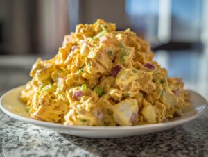 A generous mound of vibrant yellow honey mustard chicken salad featuring chunks of chicken, red onion, and celery on a white plate.