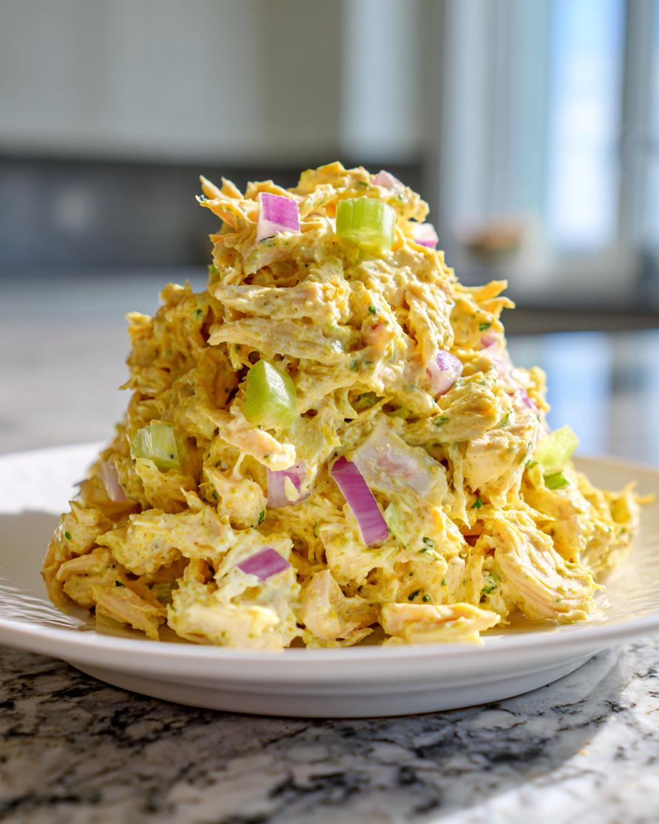 A mound of bright yellow honey mustard chicken salad mixed with chopped red onion and celery on a white plate.