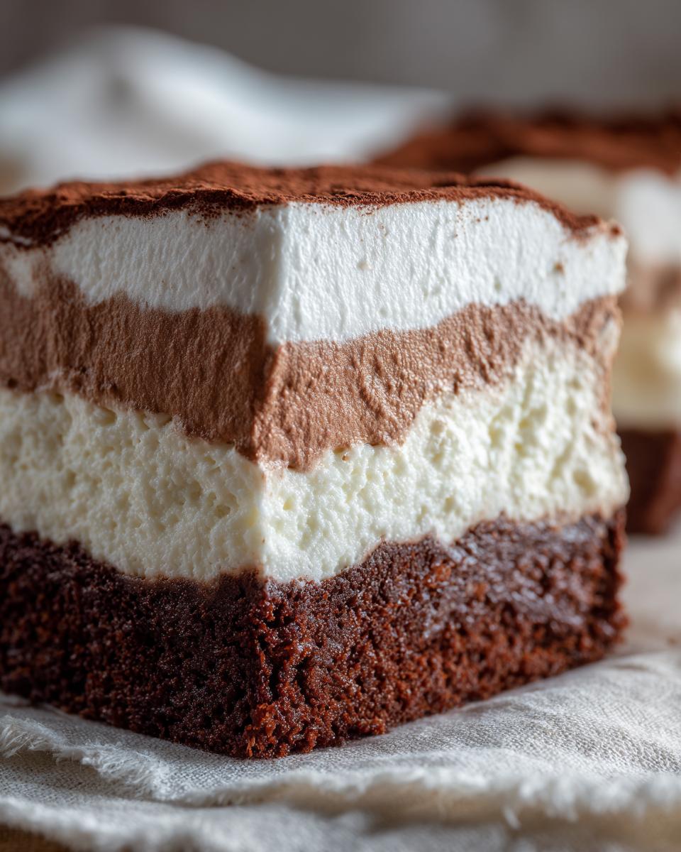 Close-up of a layered slice of italian love cake featuring a dark chocolate base and light mousse layers, dusted with cocoa.