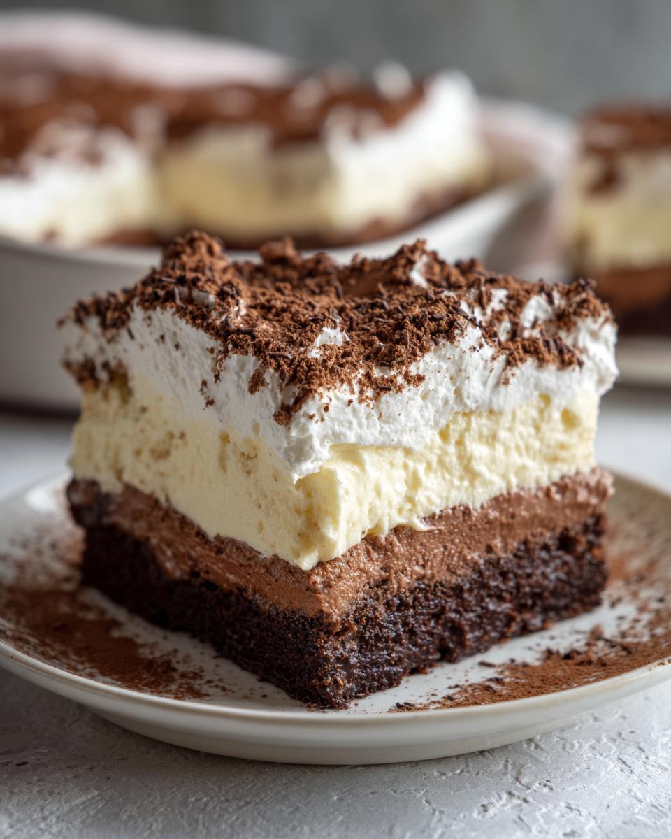 A decadent slice of Italian love cake showing four distinct layers: dark cake base, chocolate mousse, vanilla cream, and whipped topping with chocolate shavings.