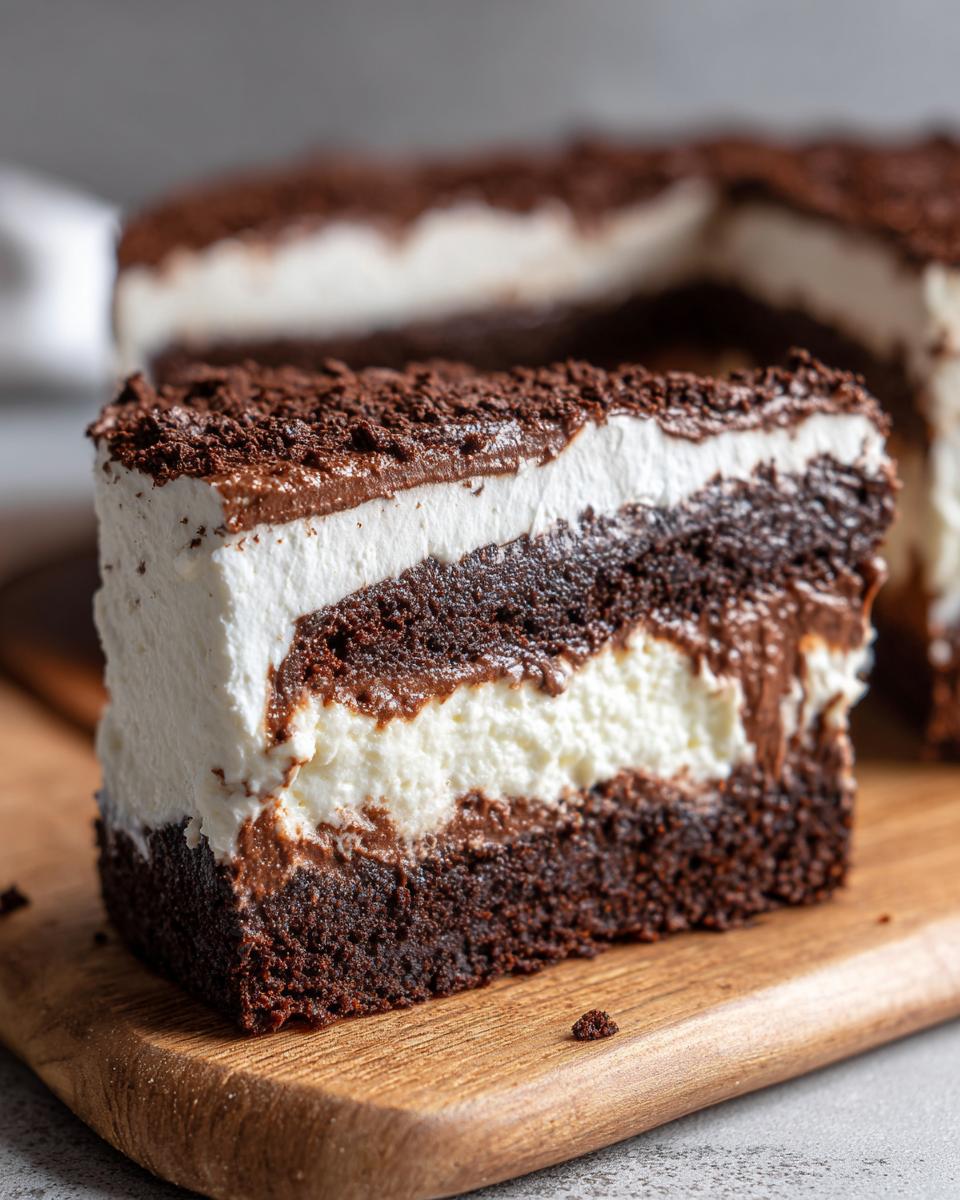 A decadent slice of layered Italian love cake featuring dark chocolate cake, white cream filling, and chocolate crumbs.