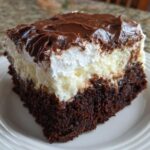 A rich slice of Italian love cake featuring a dark chocolate base, creamy white layer, and thick chocolate frosting.