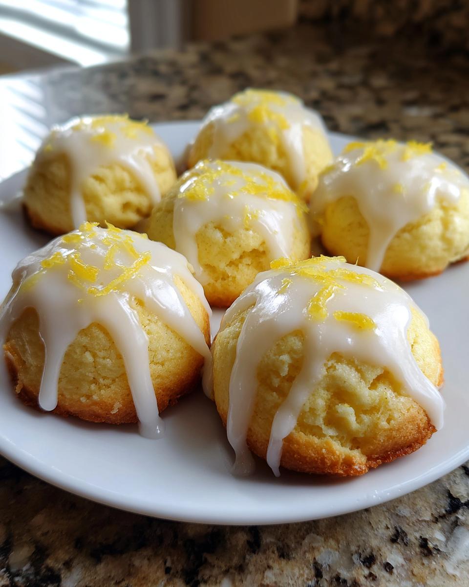 A close-up of six soft italian ricotta cookies topped with white glaze and bright yellow lemon zest.