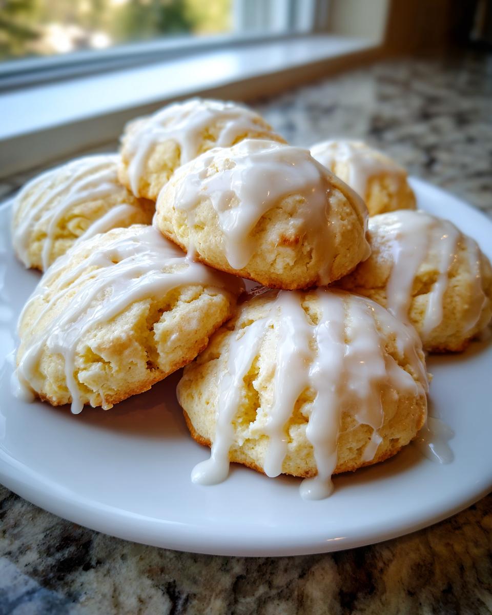 A stack of soft italian ricotta cookies drizzled generously with white vanilla glaze on a white plate.
