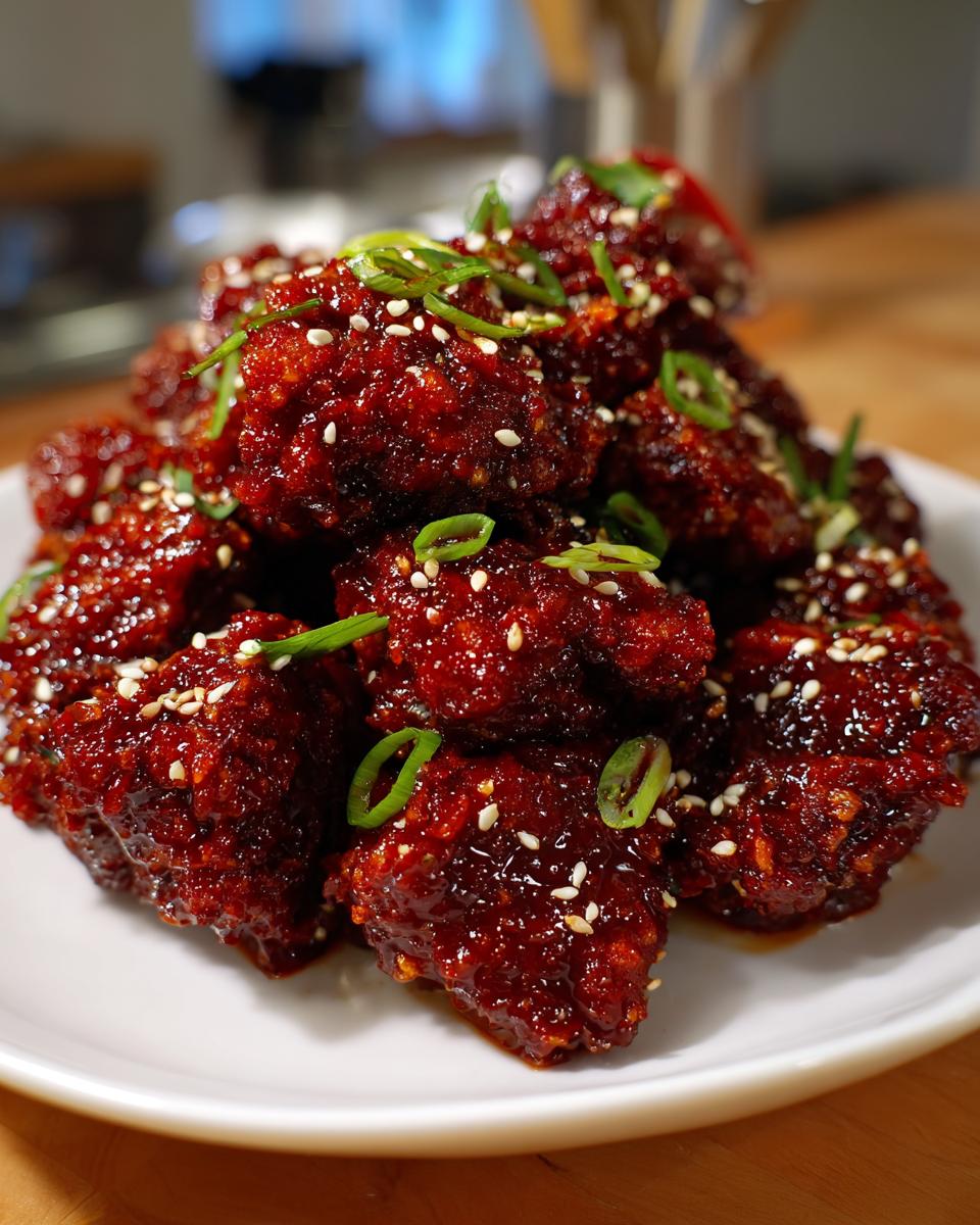 A close-up of a pile of sticky, dark red Korean fried chicken pieces garnished with sesame seeds and green onions.
