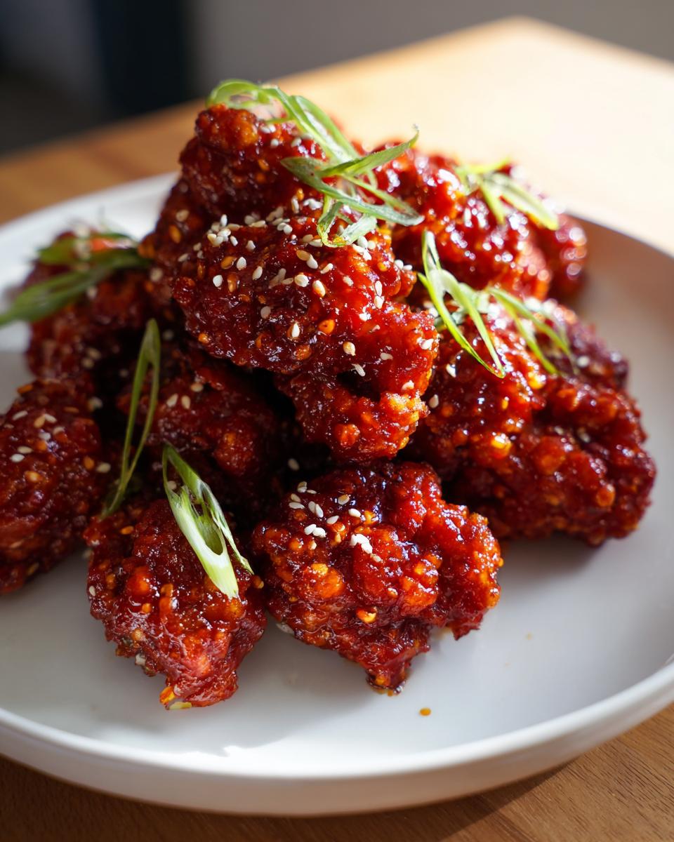 A pile of crispy korean fried chicken coated in a thick, glossy red sauce, sprinkled with sesame seeds.