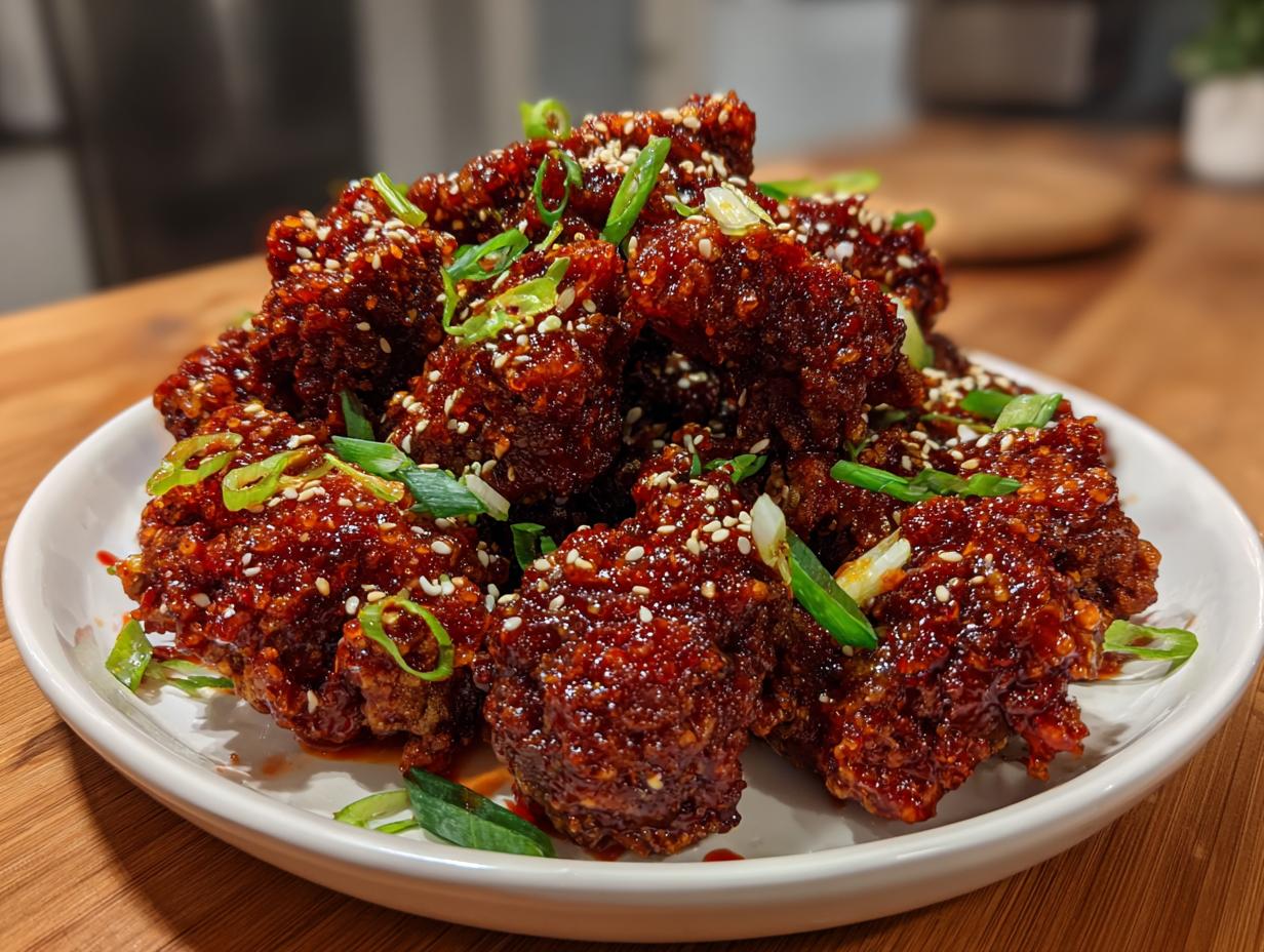 A generous serving of glossy, dark red Korean fried chicken pieces topped with sesame seeds and sliced green onions.