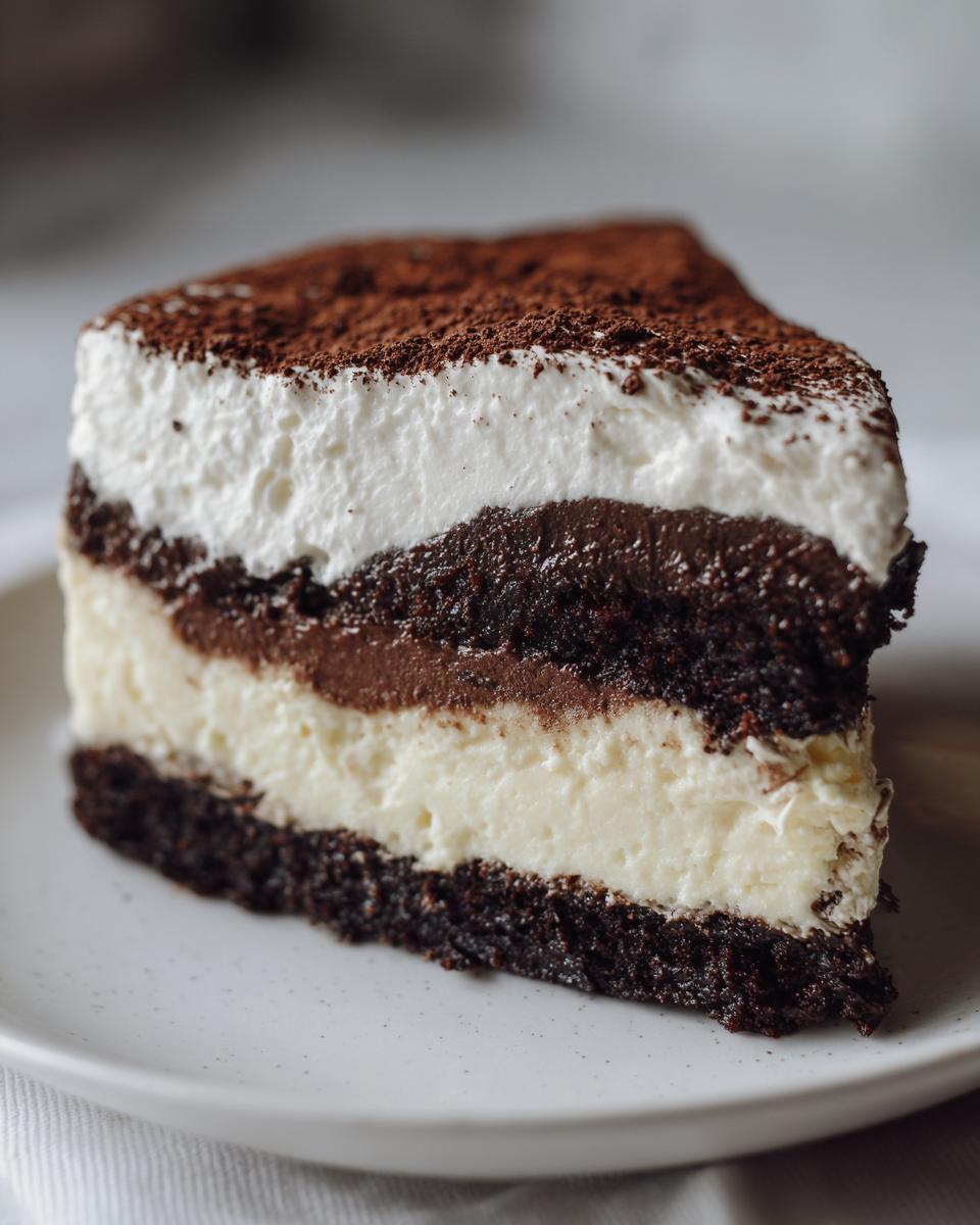 A decadent slice of layered italian love cake featuring chocolate cake, cream, and cocoa powder topping.