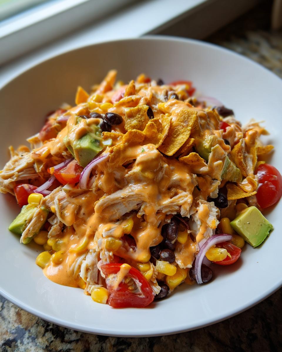 A close-up of a hearty southwest salad featuring shredded chicken, corn, black beans, avocado, and tortilla chips drizzled with orange dressing.