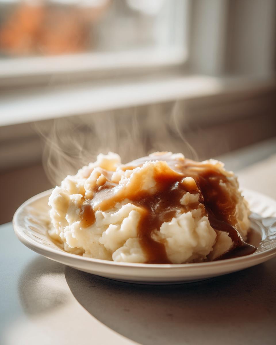 A serving of fluffy mashed potatoes topped generously with rich, homemade brown gravy, steaming slightly.