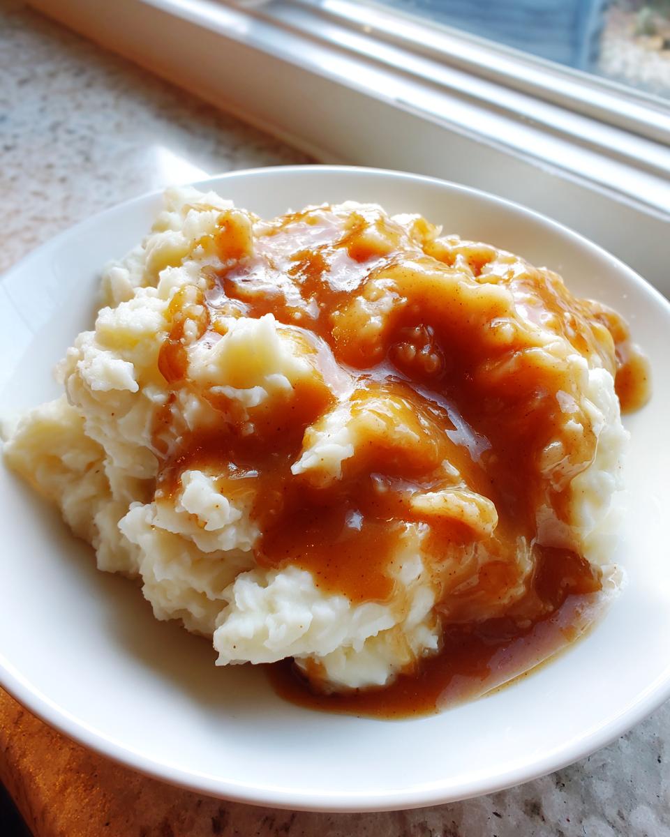 A close-up of fluffy mashed potatoes generously covered with rich, glossy homemade brown gravy.
