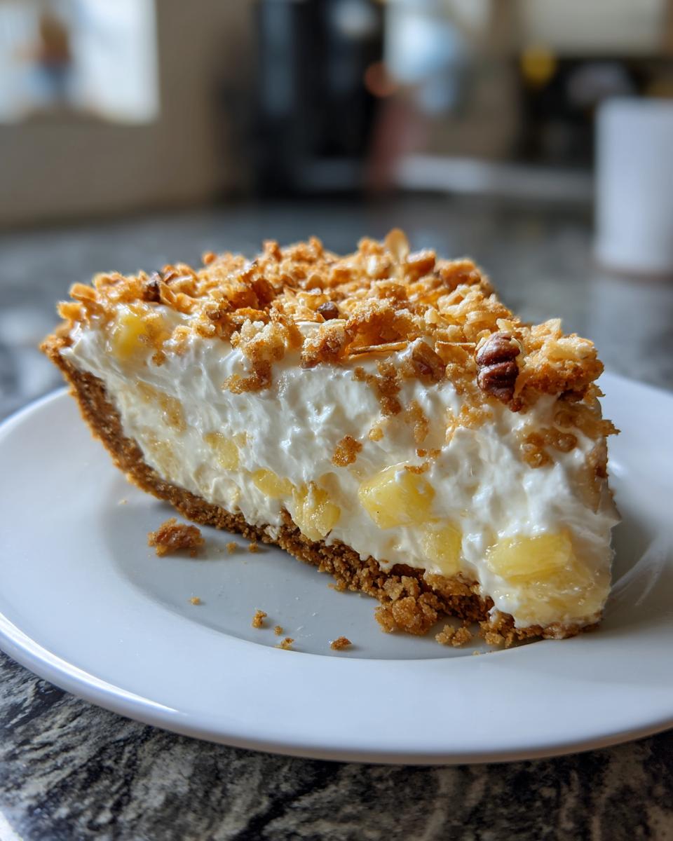 A close-up slice of million dollar pie featuring a graham cracker crust, creamy filling with pineapple chunks, and a crunchy nut topping.