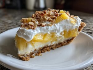 A close-up slice of million dollar pie featuring a graham cracker crust, creamy filling, pineapple chunks, whipped cream, and chopped nuts.