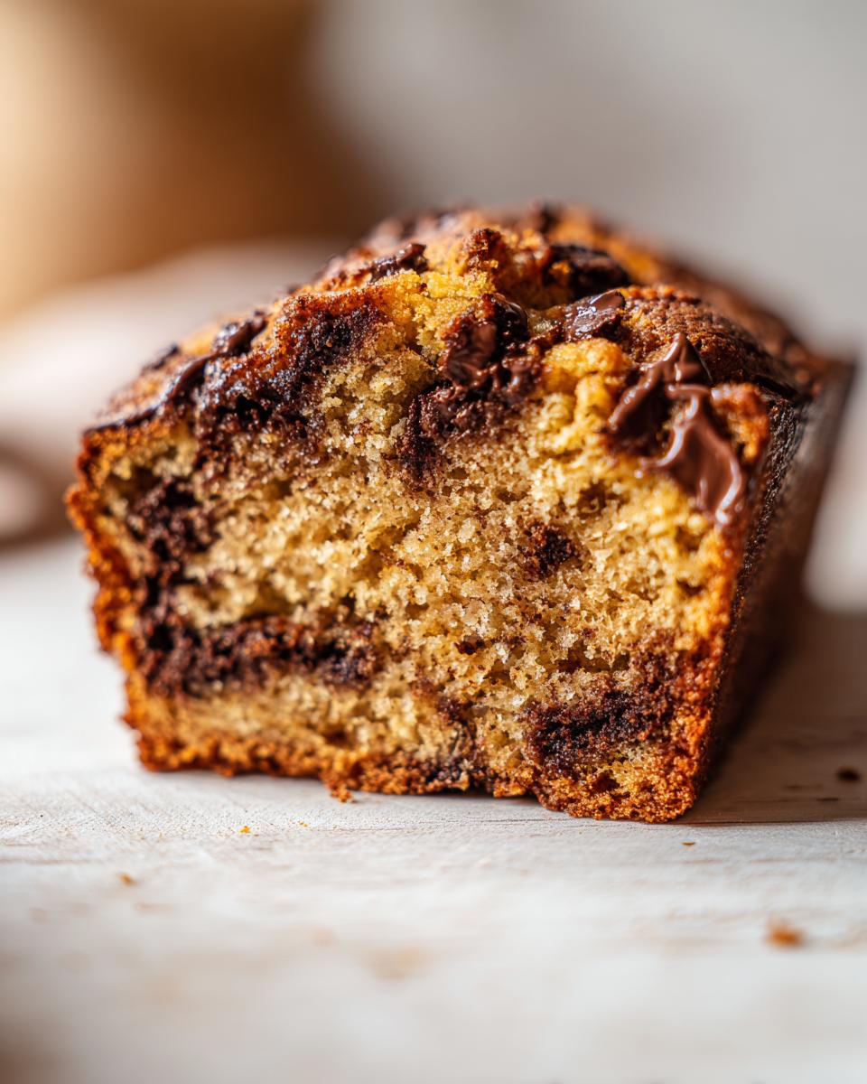 Close-up of a freshly baked chocolate chip banana bread loaf showing the moist crumb and melted chocolate chips.