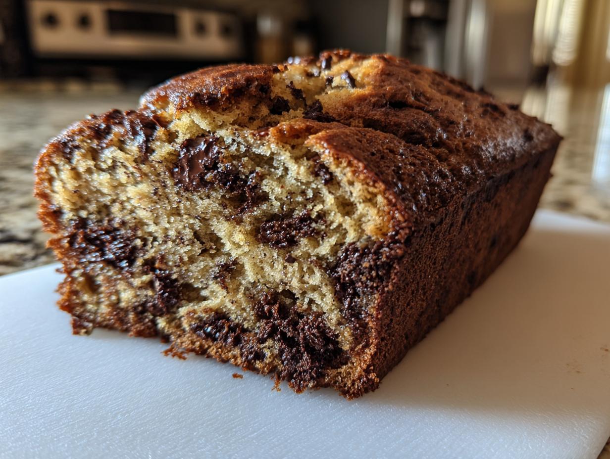 A close-up of a freshly baked chocolate chip banana bread loaf, showing a moist interior packed with melted chocolate chips.