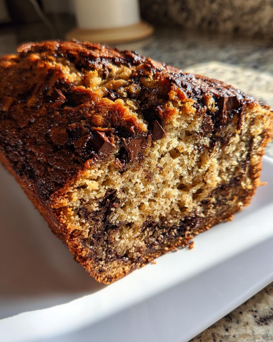 Close-up of a moist slice of chocolate chip banana bread showing a golden crumb and melted chocolate chips.