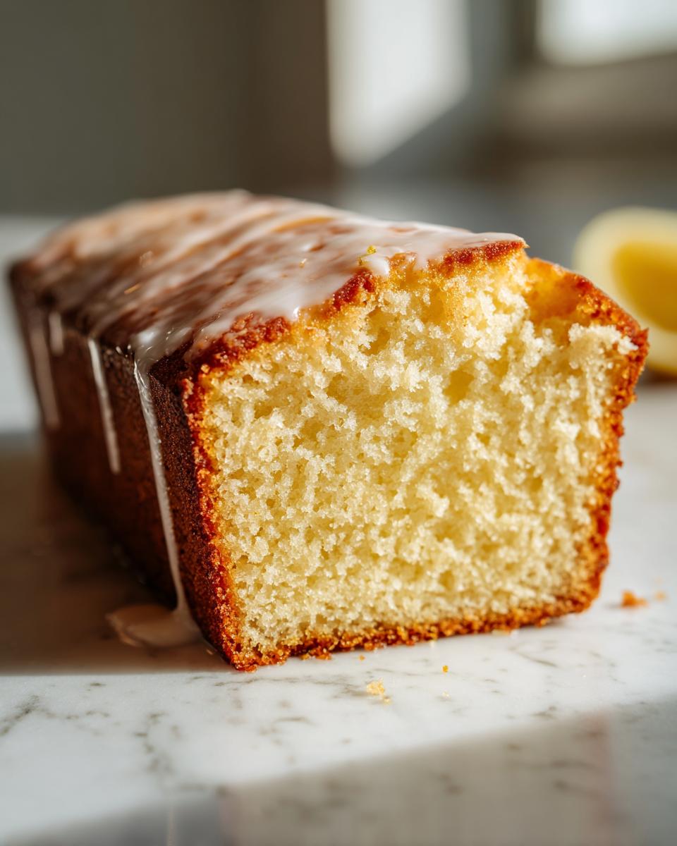 Close-up of a moist slice of olive oil cake with a white lemon glaze dripping down the side.