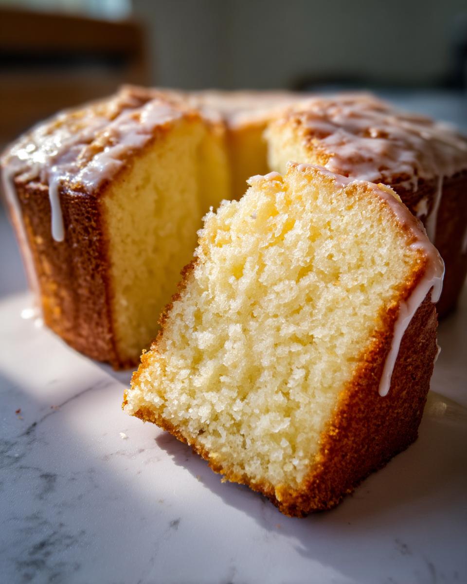 Close-up of a moist slice of olive oil cake showing the crumb texture, drizzled with white glaze.