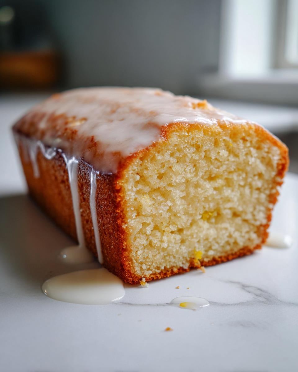 Close-up of a moist slice of lemon olive oil cake topped with dripping white glaze.
