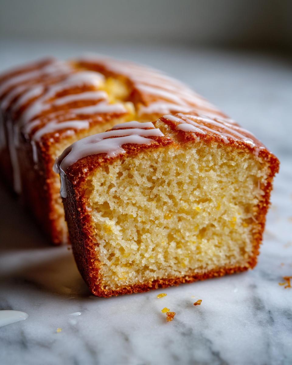 Close-up of a moist slice of olive oil cake with a bright yellow crumb and a white sugar glaze drizzled on top.