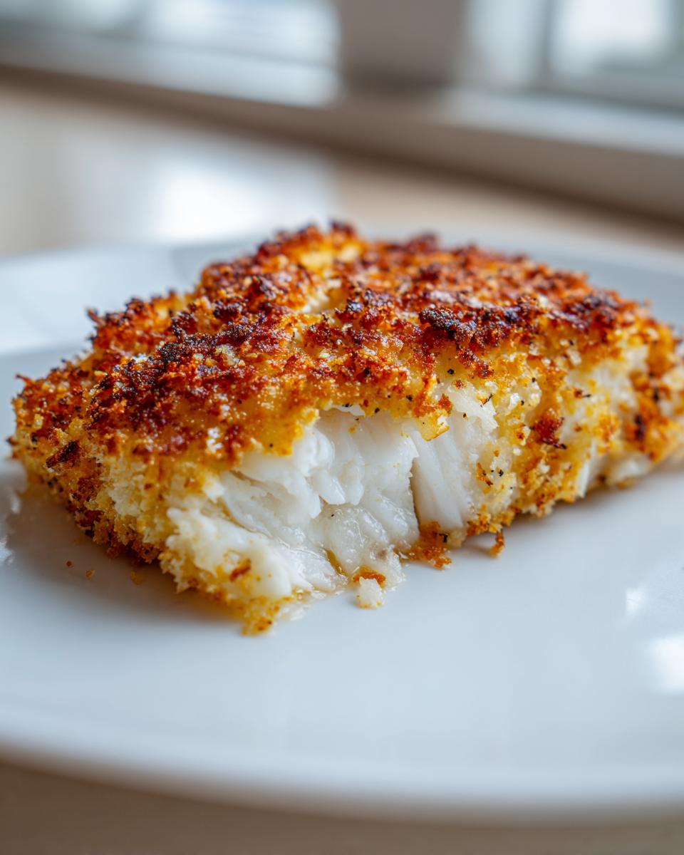 Close-up of a flaky, white tilapia fillet with a golden brown parmesan crusted topping.