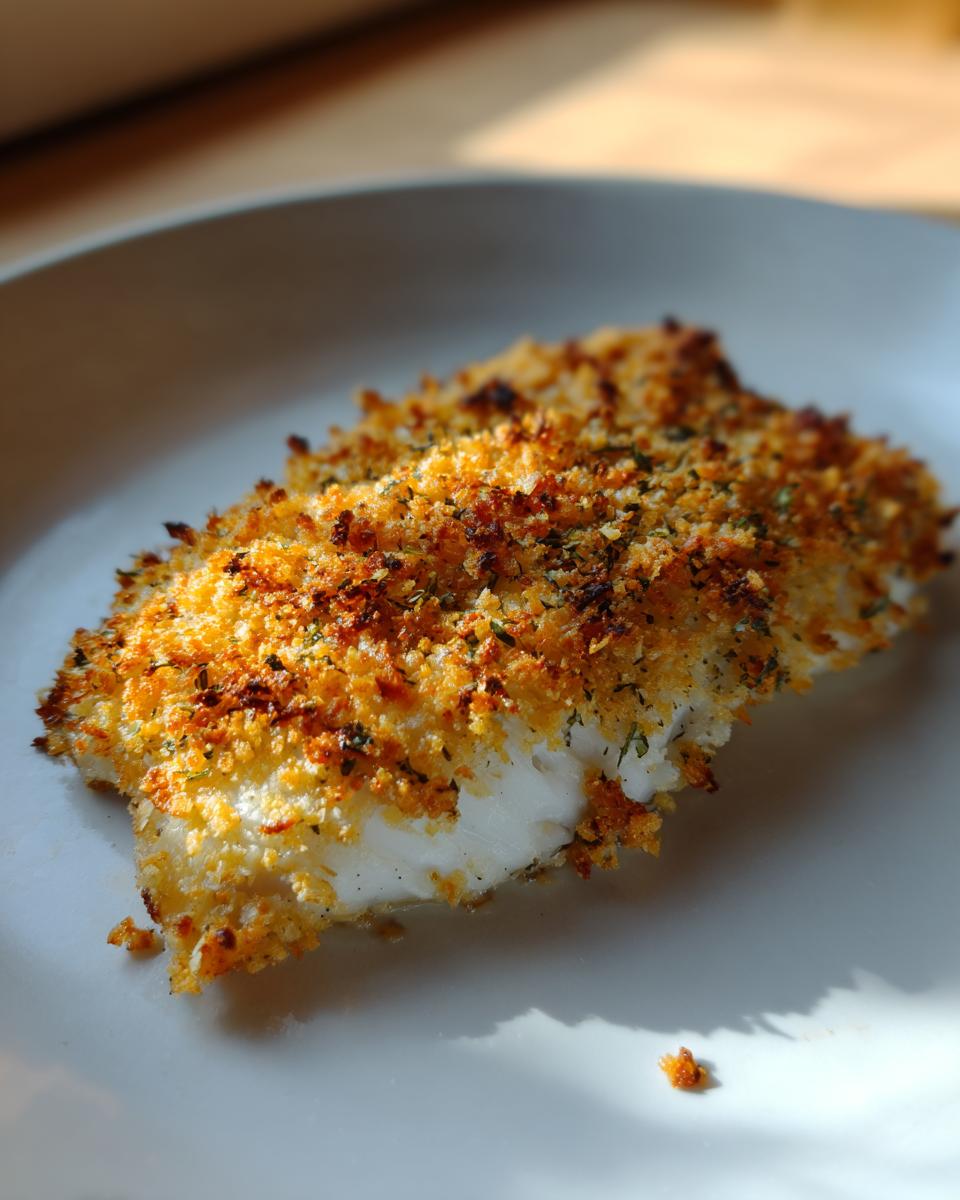 A perfectly baked fillet of parmesan crusted tilapia with a golden brown, crunchy topping on a white plate.