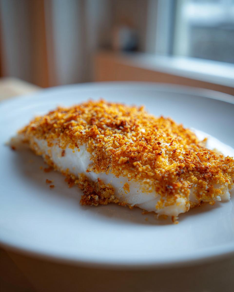 Close-up of a perfectly baked parmesan crusted tilapia fillet with a golden brown topping on a white plate.