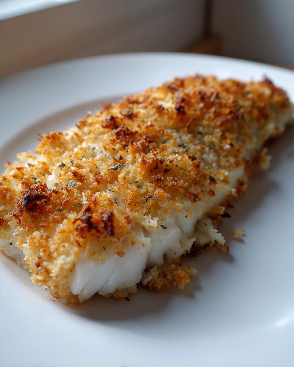 Close-up of a perfectly baked parmesan crusted tilapia fillet showing flaky white fish underneath a golden, crunchy topping.