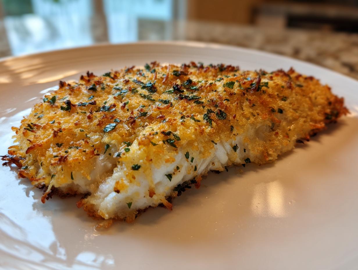 Close-up of a perfectly cooked parmesan crusted tilapia fillet showing flaky white fish and a golden, herbed topping.