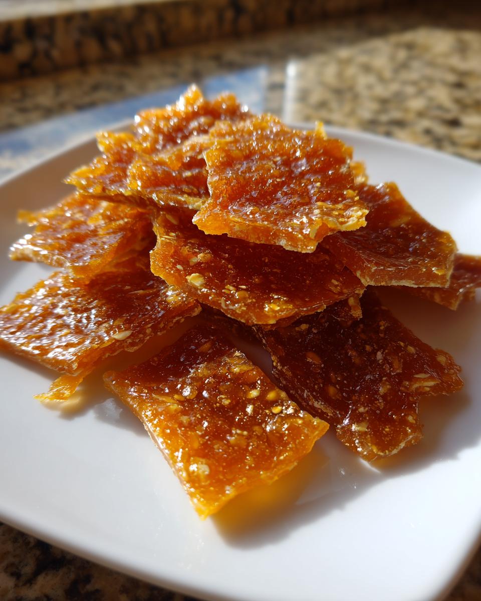 Close-up of golden, glossy pieces of homemade peanut brittle recipe stacked on a white plate.