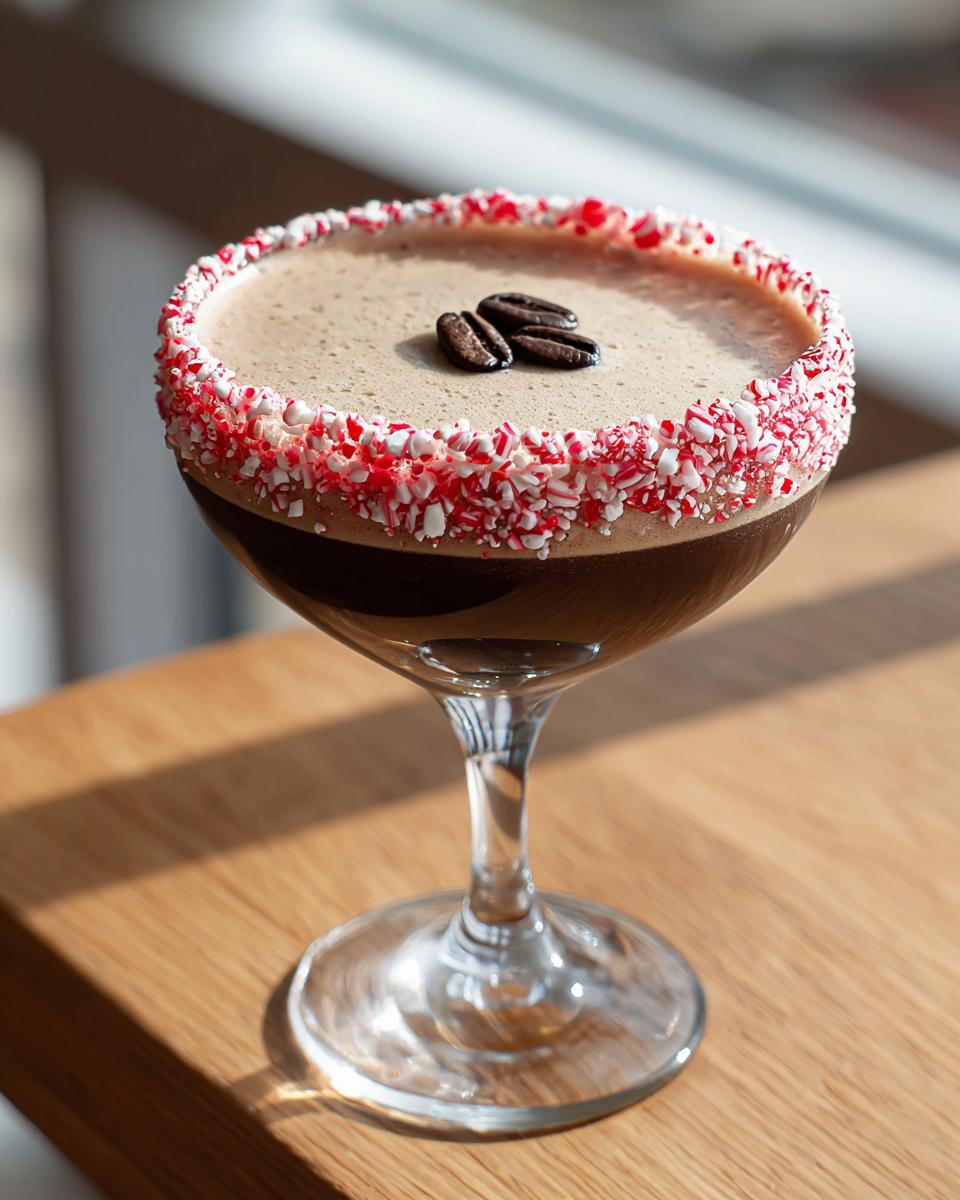Close-up of a peppermint espresso martini with a crushed candy cane rim and coffee bean garnish.