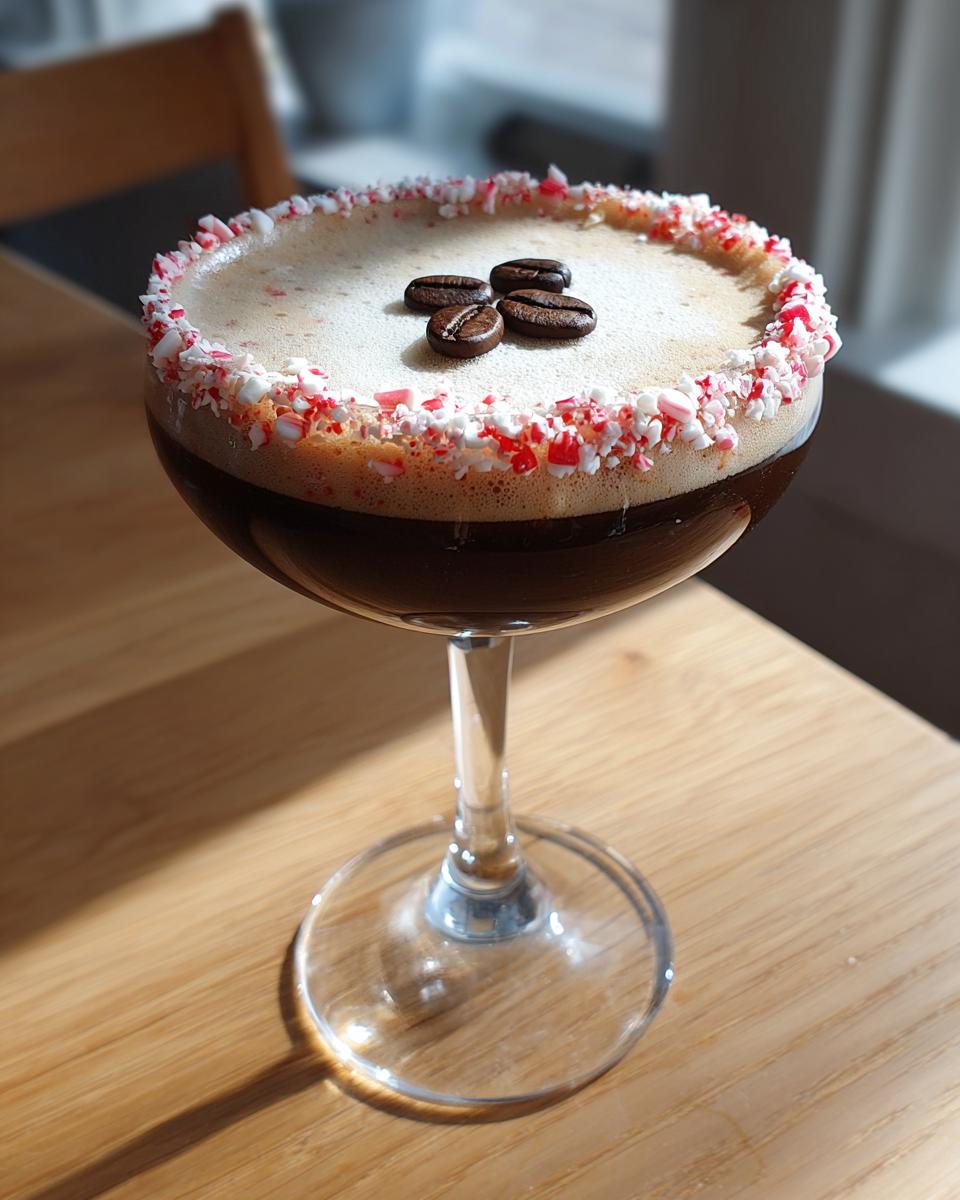 A festive peppermint espresso martini with a crushed candy cane rim and coffee bean garnish.