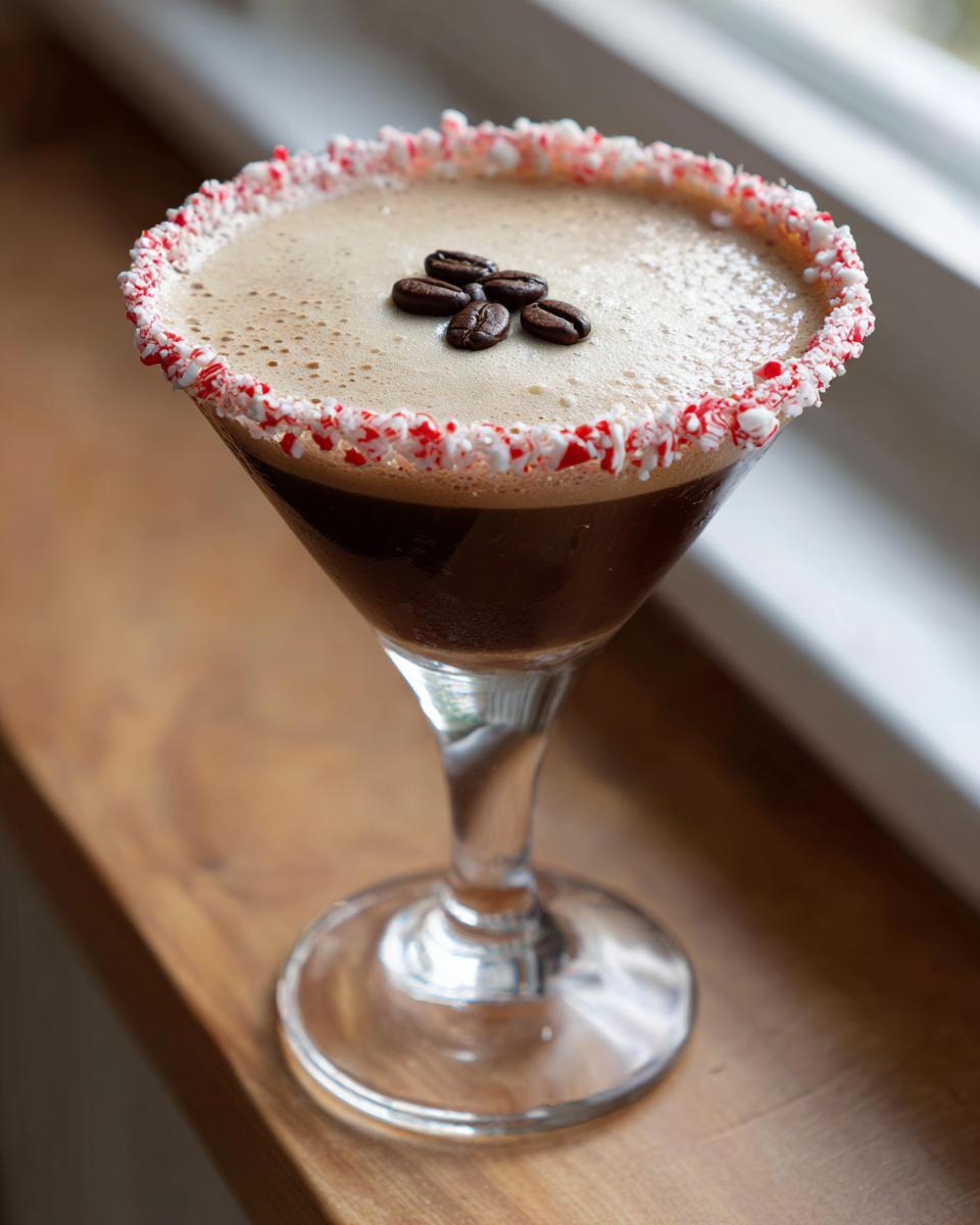 A festive peppermint espresso martini in a coupe glass with a crushed candy cane rim and coffee bean garnish.