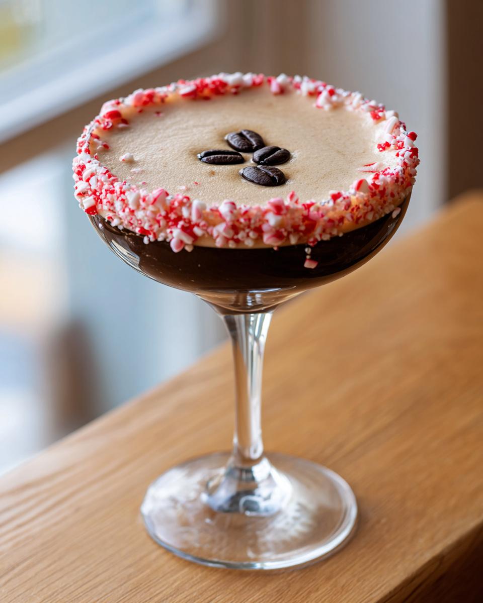 A festive peppermint espresso martini with a crushed candy cane rim and coffee bean garnish.