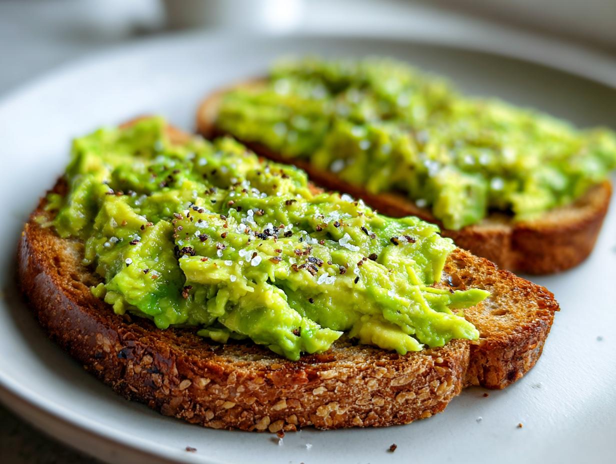Two slices of perfectly seasoned avocado toast topped with chunky mashed avocado, coarse sea salt, and black pepper.