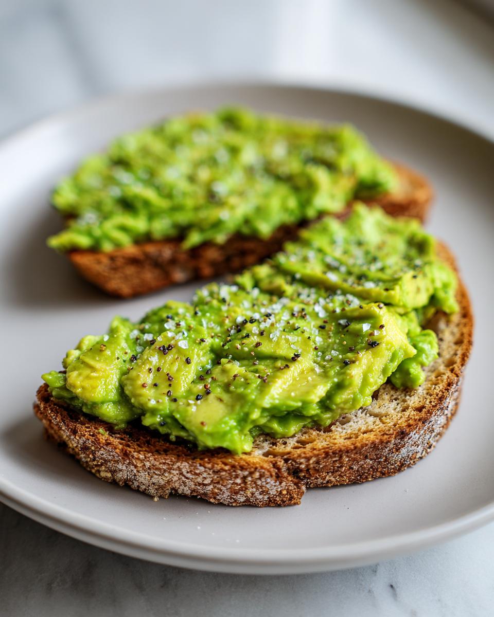 Close-up of two slices of avocado toast topped with chunky avocado, sea salt, and cracked black pepper.