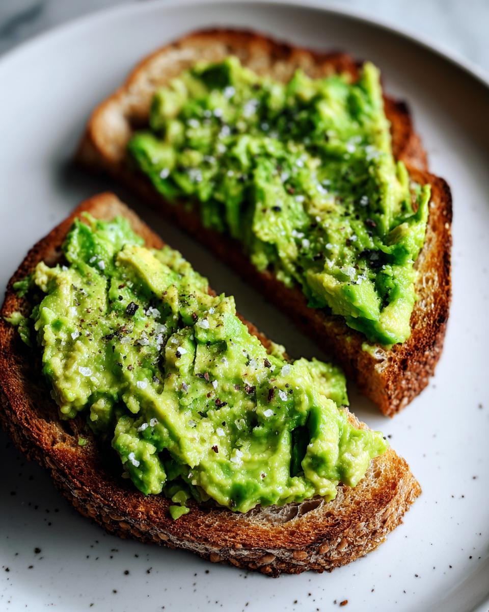 Two slices of perfectly seasoned avocado toast topped with coarse salt and pepper.