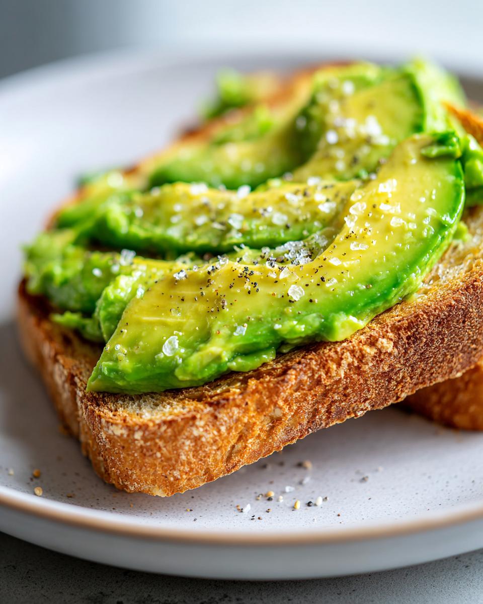 Close-up of perfect avocado toast featuring thick slices of bright green avocado seasoned with flaky salt and pepper.